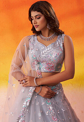 Embroidered Net Scalloped Lehenga in Light Grey