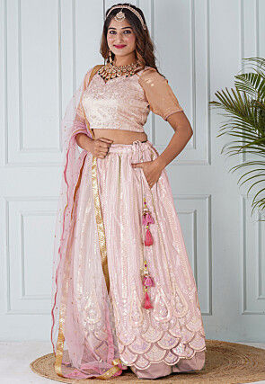 Embroidered Net Scalloped Lehenga in Light Pink