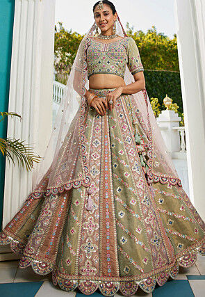Embroidered Net Scalloped Lehenga in Multicolor