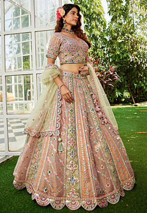 Embroidered Net Scalloped Lehenga in Multicolor