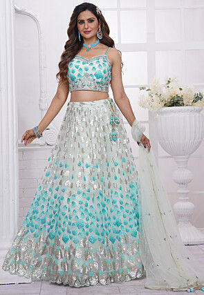Embroidered Net Scalloped Lehenga in Off White and Sky Blue