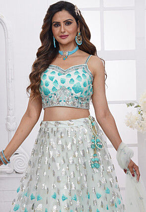 Embroidered Net Scalloped Lehenga in Off White and Sky Blue
