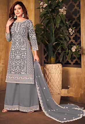 Embroidered Net Scalloped Pakistani Suit in Grey
