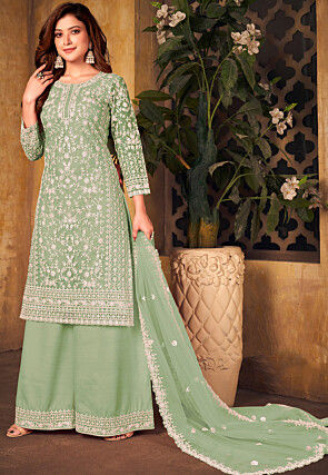 Embroidered Net Scalloped Pakistani Suit in Light Green