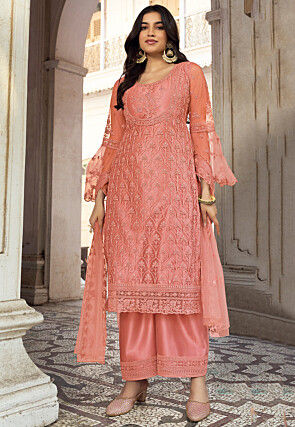 Embroidered Net Scalloped Pakistani Suit in Peach