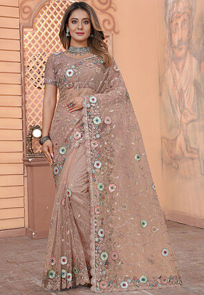 Embroidered Net Scalloped Saree in Beige