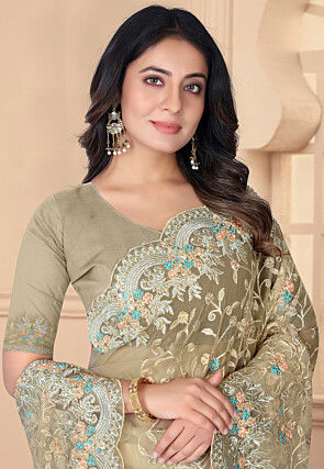 Embroidered Net Scalloped Saree in Beige