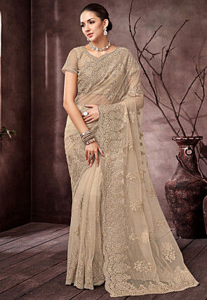 Embroidered Net Scalloped Saree in Beige