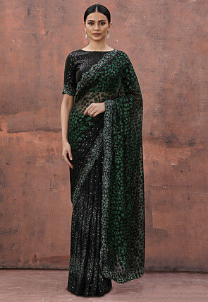 Embroidered Net Scalloped Saree in Black