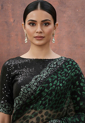 Embroidered Net Scalloped Saree in Black