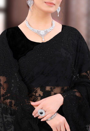 Embroidered Net Scalloped Saree in Black