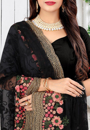 Embroidered Net Scalloped Saree in Black