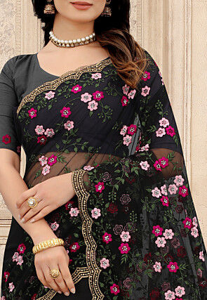 Embroidered Net Scalloped Saree in Black