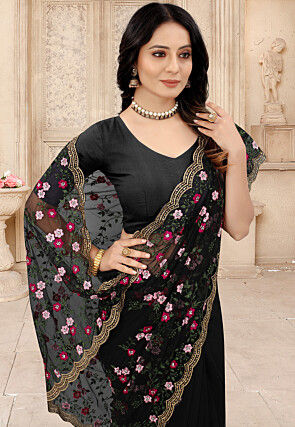 Embroidered Net Scalloped Saree in Black
