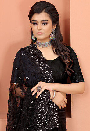 Embroidered Net Scalloped Saree in Black