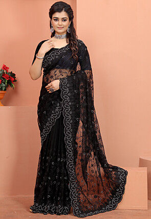 Embroidered Net Scalloped Saree in Black