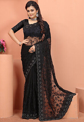 Embroidered Net Scalloped Saree in Black