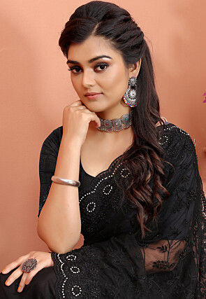 Embroidered Net Scalloped Saree in Black