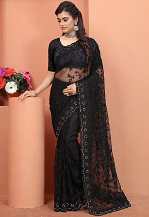 Embroidered Net Scalloped Saree in Black