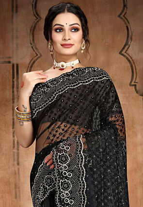 Embroidered Net Scalloped Saree in Black