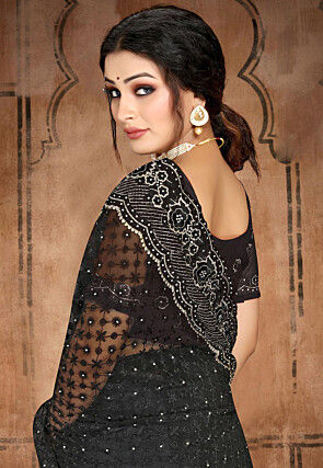 Embroidered Net Scalloped Saree in Black