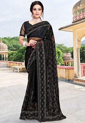 Embroidered Net Scalloped Saree in Black