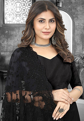 Embroidered Net Scalloped Saree in Black