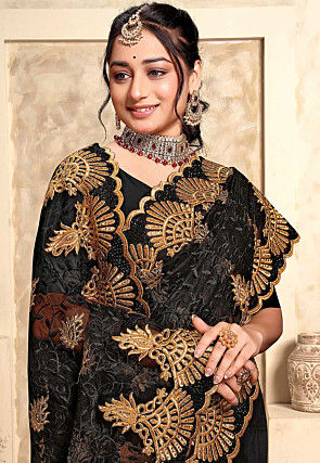 Embroidered Net Scalloped Saree in Black