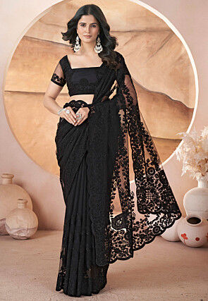 Embroidered Net Scalloped Saree in Black
