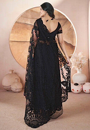 Embroidered Net Scalloped Saree in Black