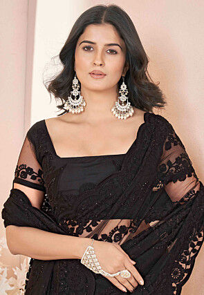 Embroidered Net Scalloped Saree in Black