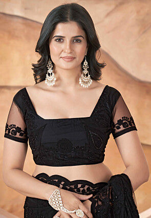 Embroidered Net Scalloped Saree in Black