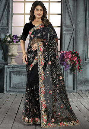 Embroidered Net Scalloped Saree in Black