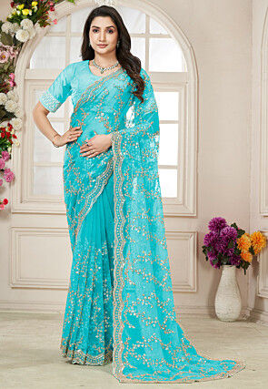 Embroidered Net Scalloped Saree in Blue
