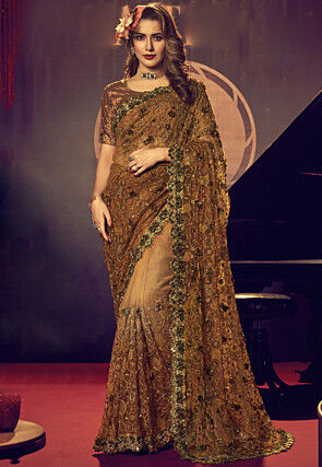 Embroidered Net Scalloped Saree in Brown
