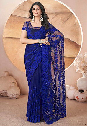 Embroidered Net Scalloped Saree in Dark Blue
