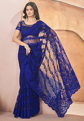 Embroidered Net Scalloped Saree in Dark Blue