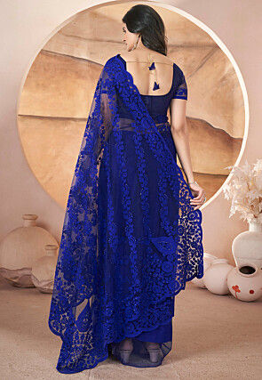 Embroidered Net Scalloped Saree in Dark Blue