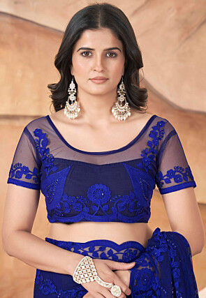 Embroidered Net Scalloped Saree in Dark Blue