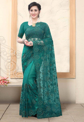Embroidered Net Scalloped Saree in Dark Teal Green