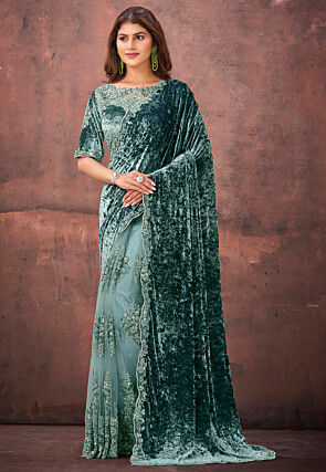 Embroidered Net Scalloped Saree in Dusty Green