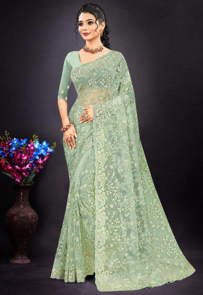 Embroidered Net Scalloped Saree in Dusty Green