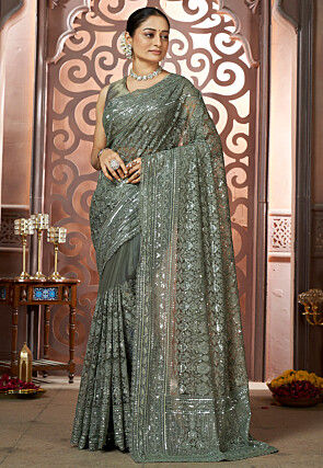 Embroidered Net Scalloped Saree in Dusty Green