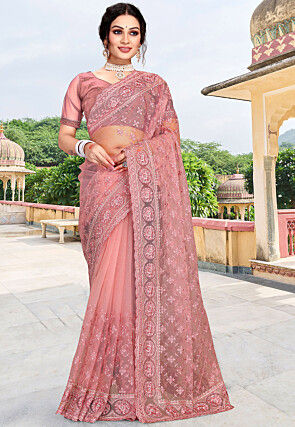 Embroidered Net Scalloped Saree in Dusty Pink
