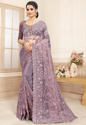 Embroidered Net Scalloped Saree in Dusty Purple