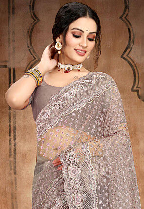 Embroidered Net Scalloped Saree in Fawn