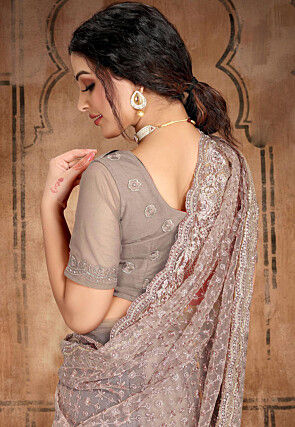 Embroidered Net Scalloped Saree in Fawn