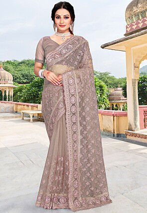 Embroidered Net Scalloped Saree in Fawn