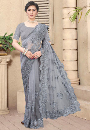 Embroidered Net Scalloped Saree in Grey