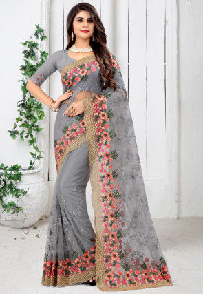 Embroidered Net Scalloped Saree in Grey
